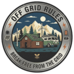 Circular badge showing a log cabin, wind turbines, solar panels, a van, mountains, and a full moon, with text: "Off Grid Rules - Break Free from the Grid.